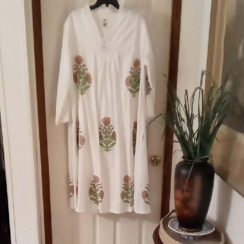 White Midi Dress with Green & Brown Floral Print